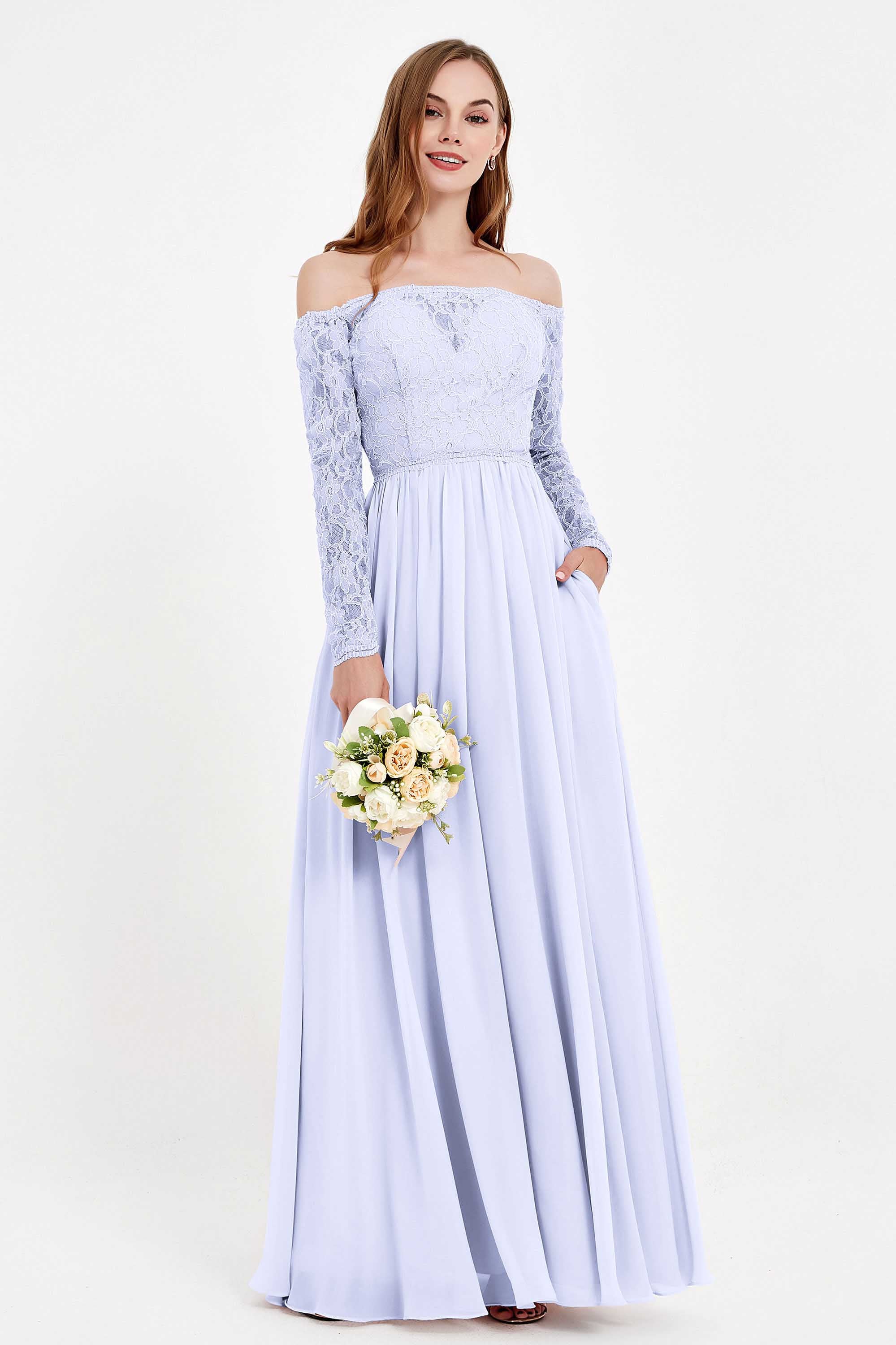 Flowy Chiffon Lace off the shoulder Bridesmaid Dress Long sleeves Formal Evening Party Dresses