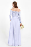 Flowy Chiffon Lace off the shoulder Bridesmaid Dress Long sleeves Formal Evening Party Dresses