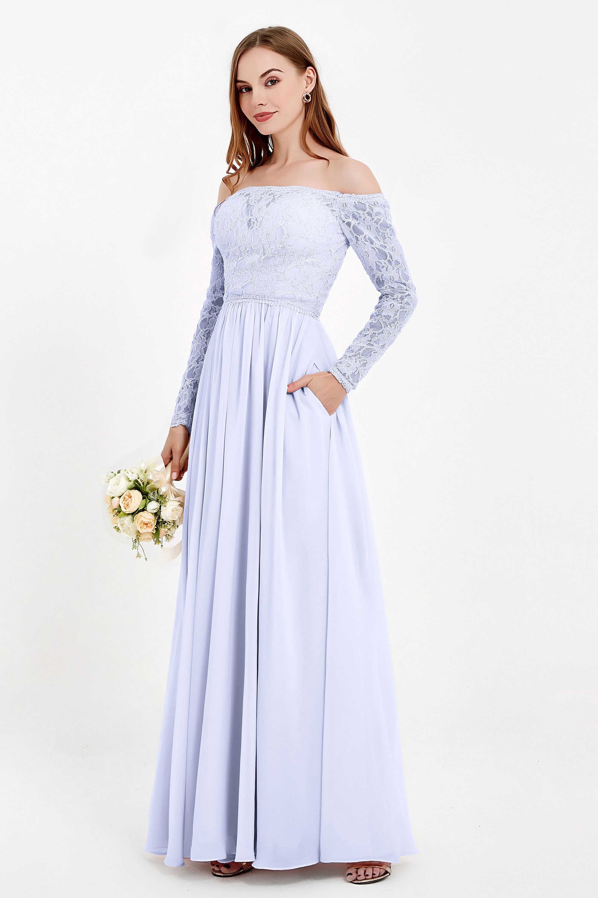 Flowy Chiffon Lace off the shoulder Bridesmaid Dress Long sleeves Formal Evening Party Dresses