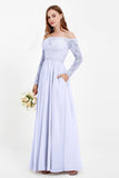 Flowy Chiffon Lace off the shoulder Bridesmaid Dress Long sleeves Formal Evening Party Dresses