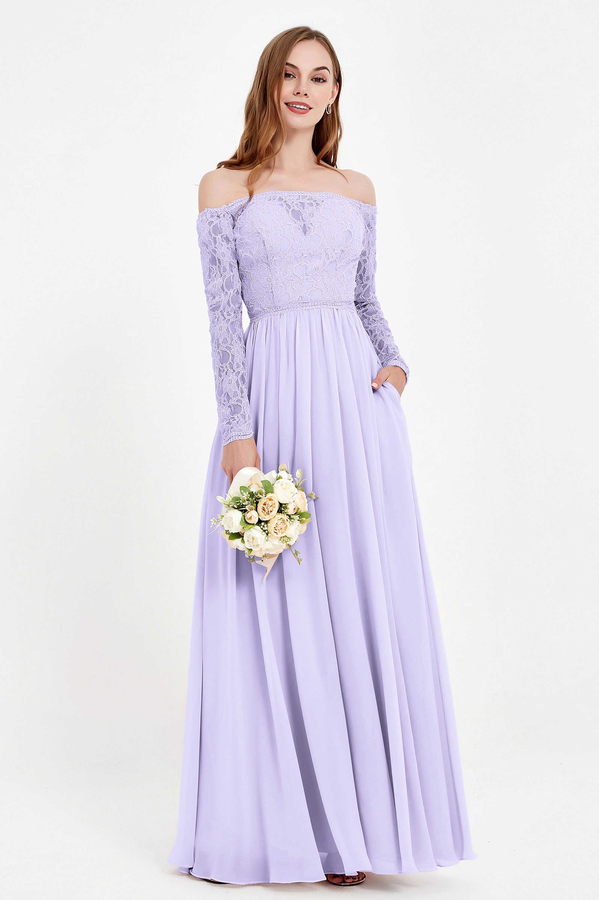 Flowy Chiffon Lace off the shoulder Bridesmaid Dress Long sleeves Formal Evening Party Dresses