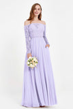 Flowy Chiffon Lace off the shoulder Bridesmaid Dress Long sleeves Formal Evening Party Dresses