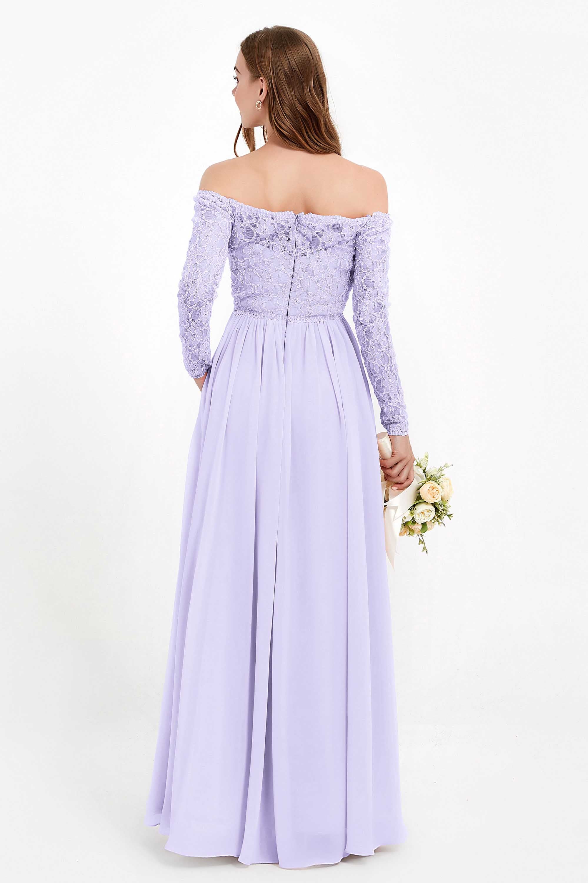 Flowy Chiffon Lace off the shoulder Bridesmaid Dress Long sleeves Formal Evening Party Dresses