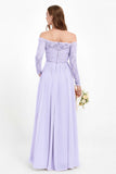 Flowy Chiffon Lace off the shoulder Bridesmaid Dress Long sleeves Formal Evening Party Dresses