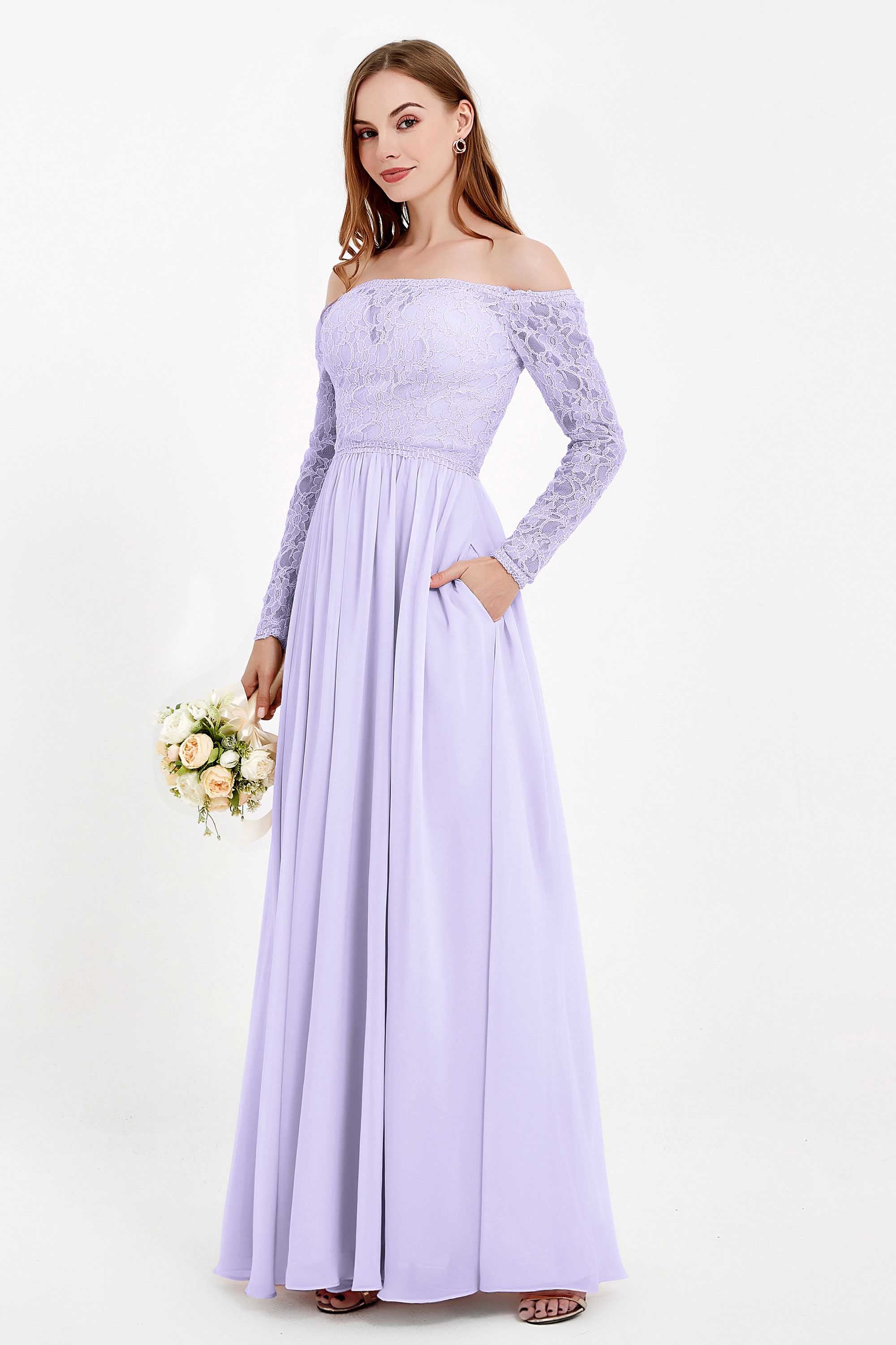 Flowy Chiffon Lace off the shoulder Bridesmaid Dress Long sleeves Formal Evening Party Dresses