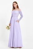 Flowy Chiffon Lace off the shoulder Bridesmaid Dress Long sleeves Formal Evening Party Dresses