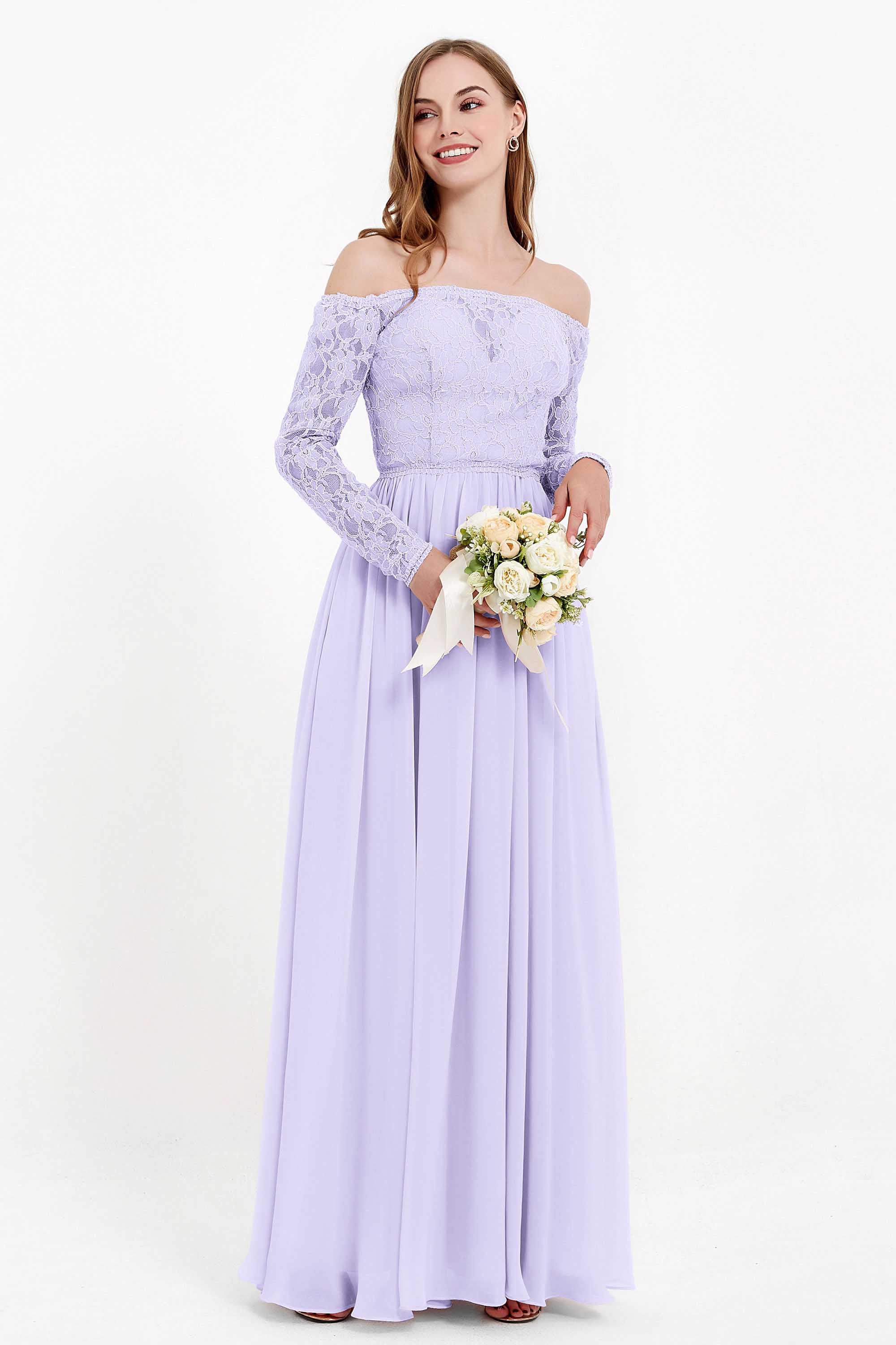 Flowy Chiffon Lace off the shoulder Bridesmaid Dress Long sleeves Formal Evening Party Dresses