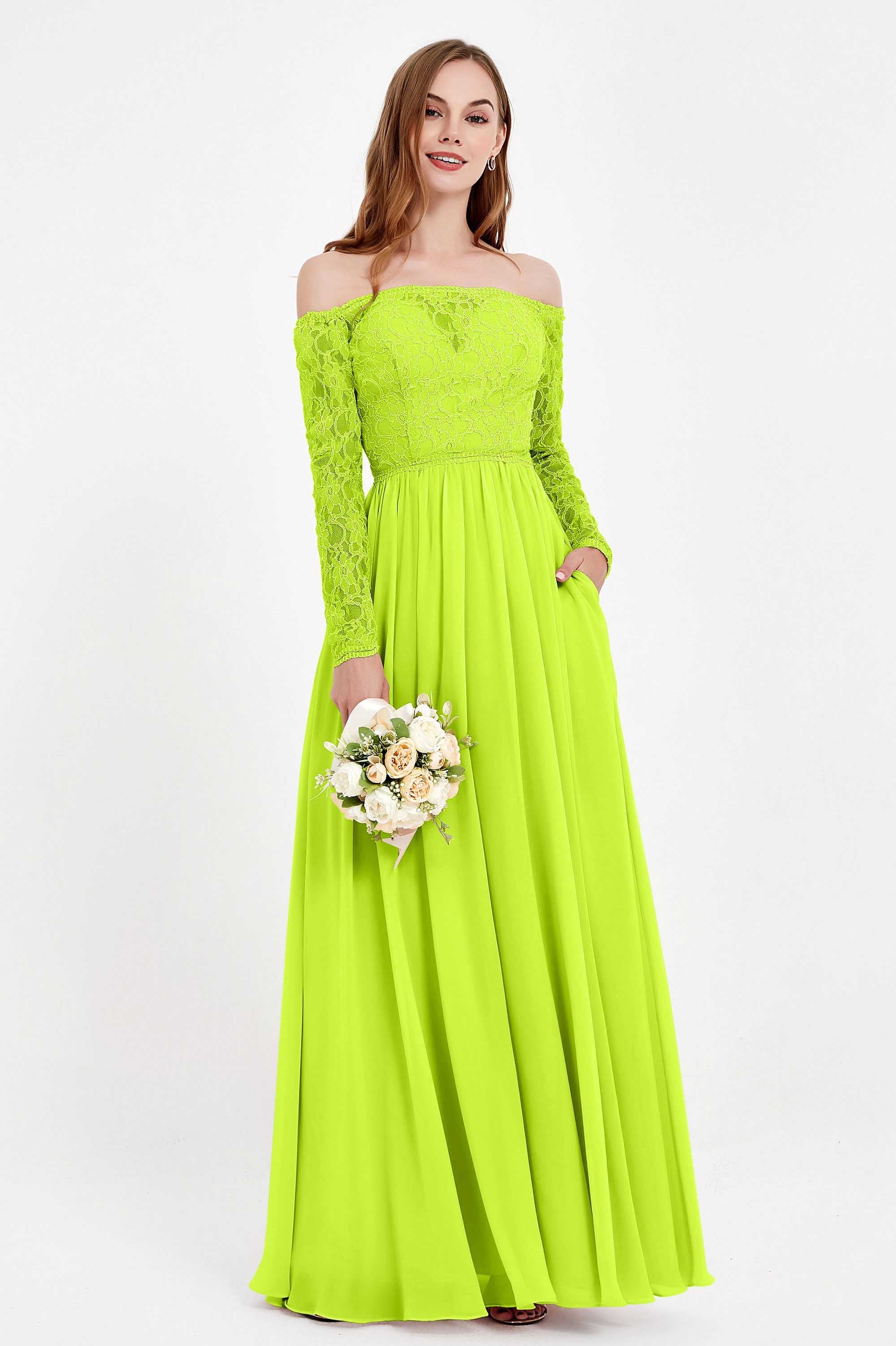 Flowy Chiffon Lace off the shoulder Bridesmaid Dress Long sleeves Formal Evening Party Dresses