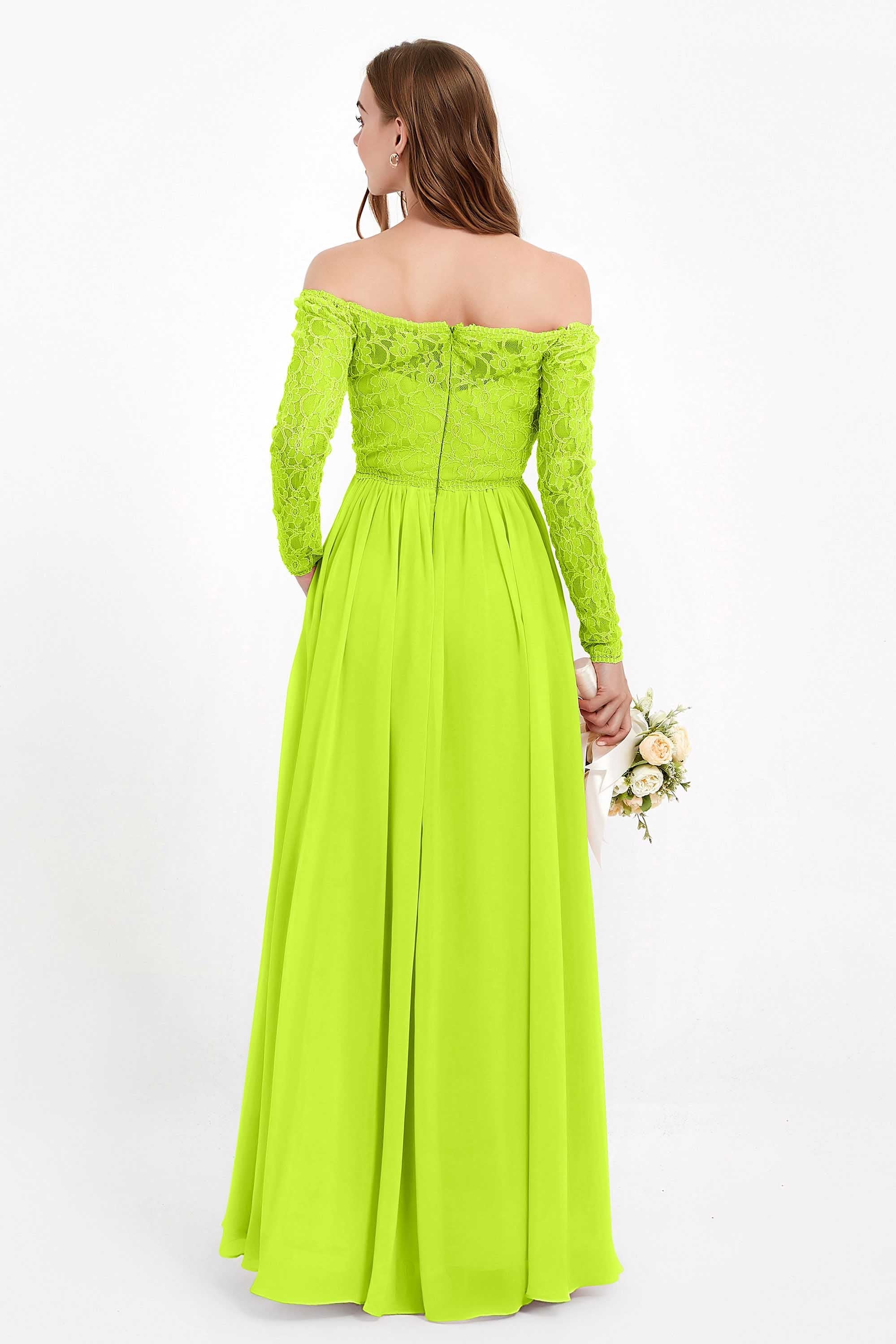Flowy Chiffon Lace off the shoulder Bridesmaid Dress Long sleeves Formal Evening Party Dresses