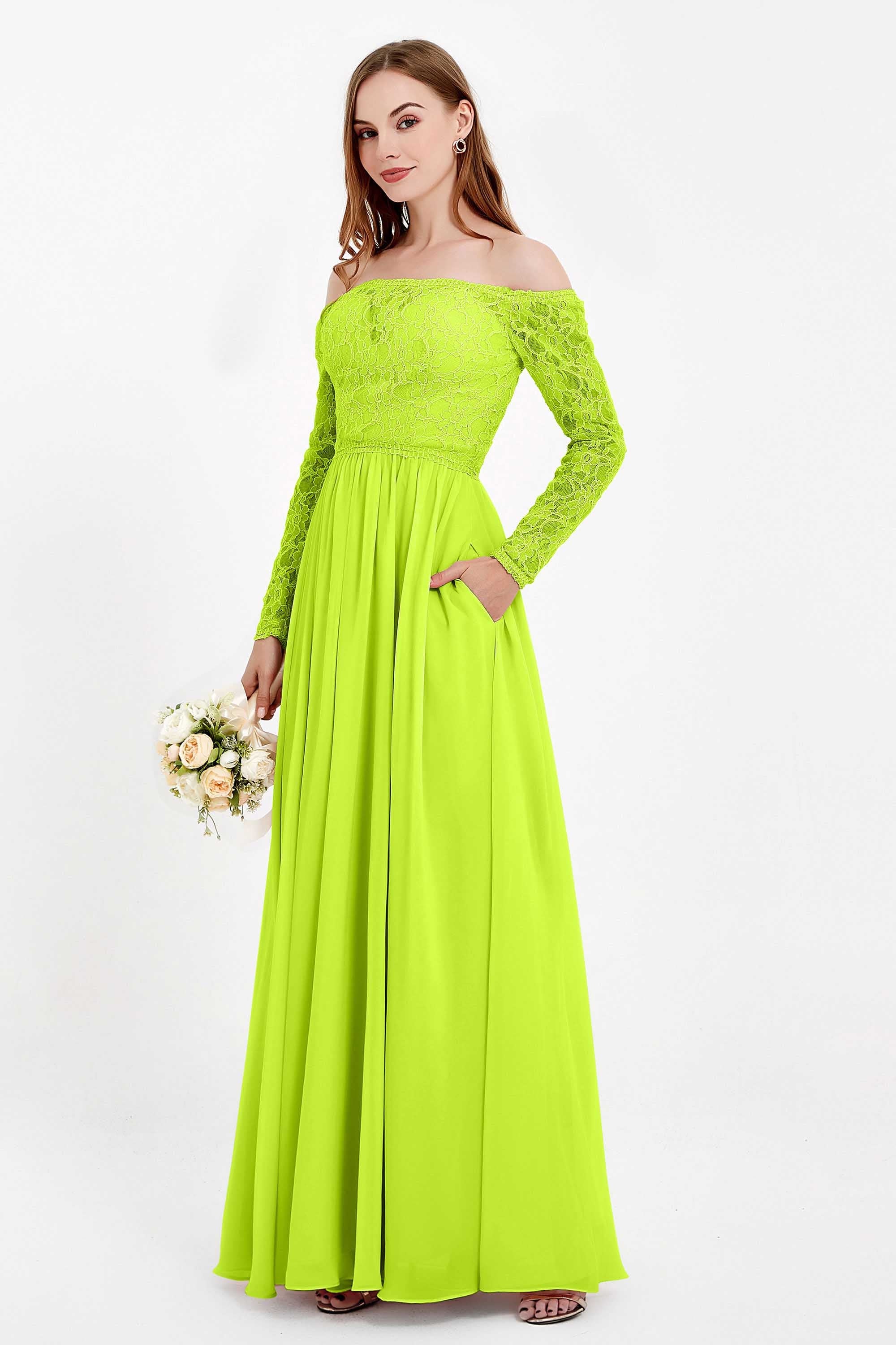 Flowy Chiffon Lace off the shoulder Bridesmaid Dress Long sleeves Formal Evening Party Dresses