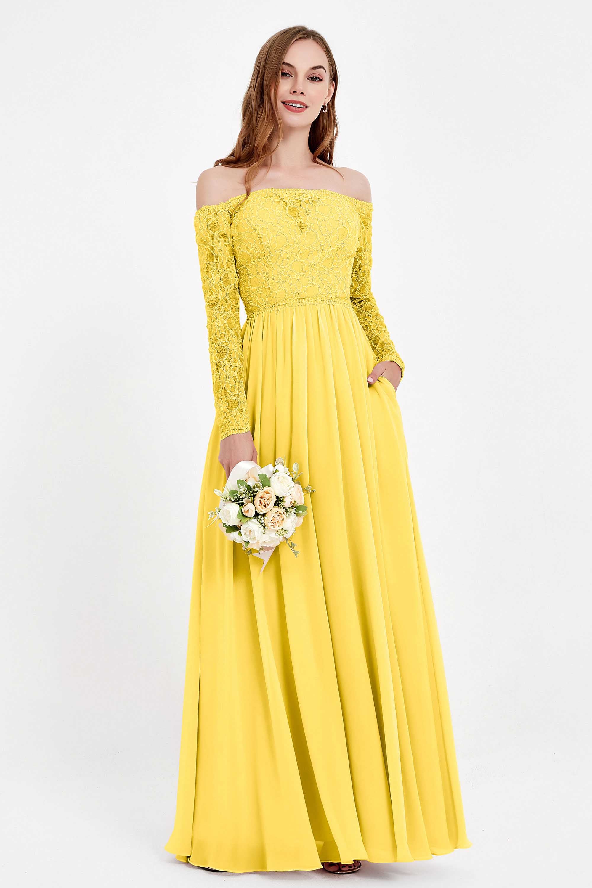 Flowy Chiffon Lace off the shoulder Bridesmaid Dress Long sleeves Formal Evening Party Dresses
