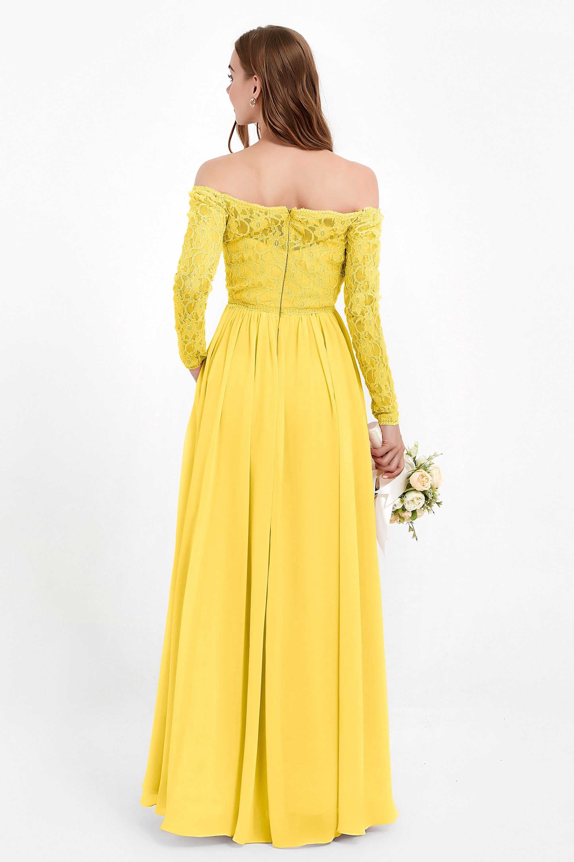 Flowy Chiffon Lace off the shoulder Bridesmaid Dress Long sleeves Formal Evening Party Dresses