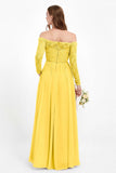 Flowy Chiffon Lace off the shoulder Bridesmaid Dress Long sleeves Formal Evening Party Dresses