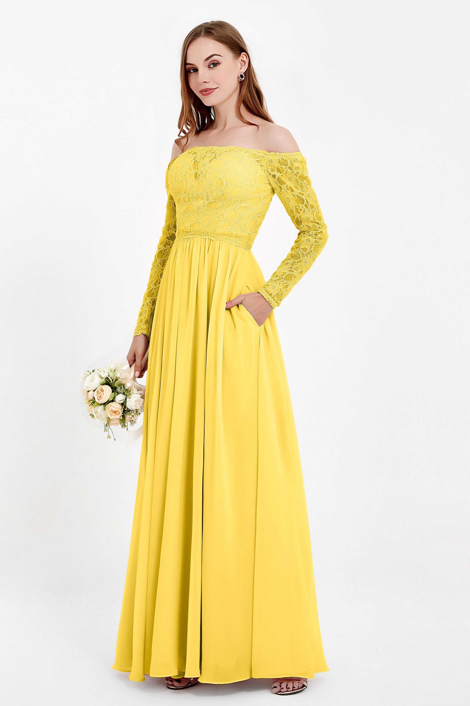Flowy Chiffon Lace off the shoulder Bridesmaid Dress Long sleeves Formal Evening Party Dresses