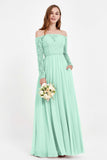 Flowy Chiffon Lace off the shoulder Bridesmaid Dress Long sleeves Formal Evening Party Dresses