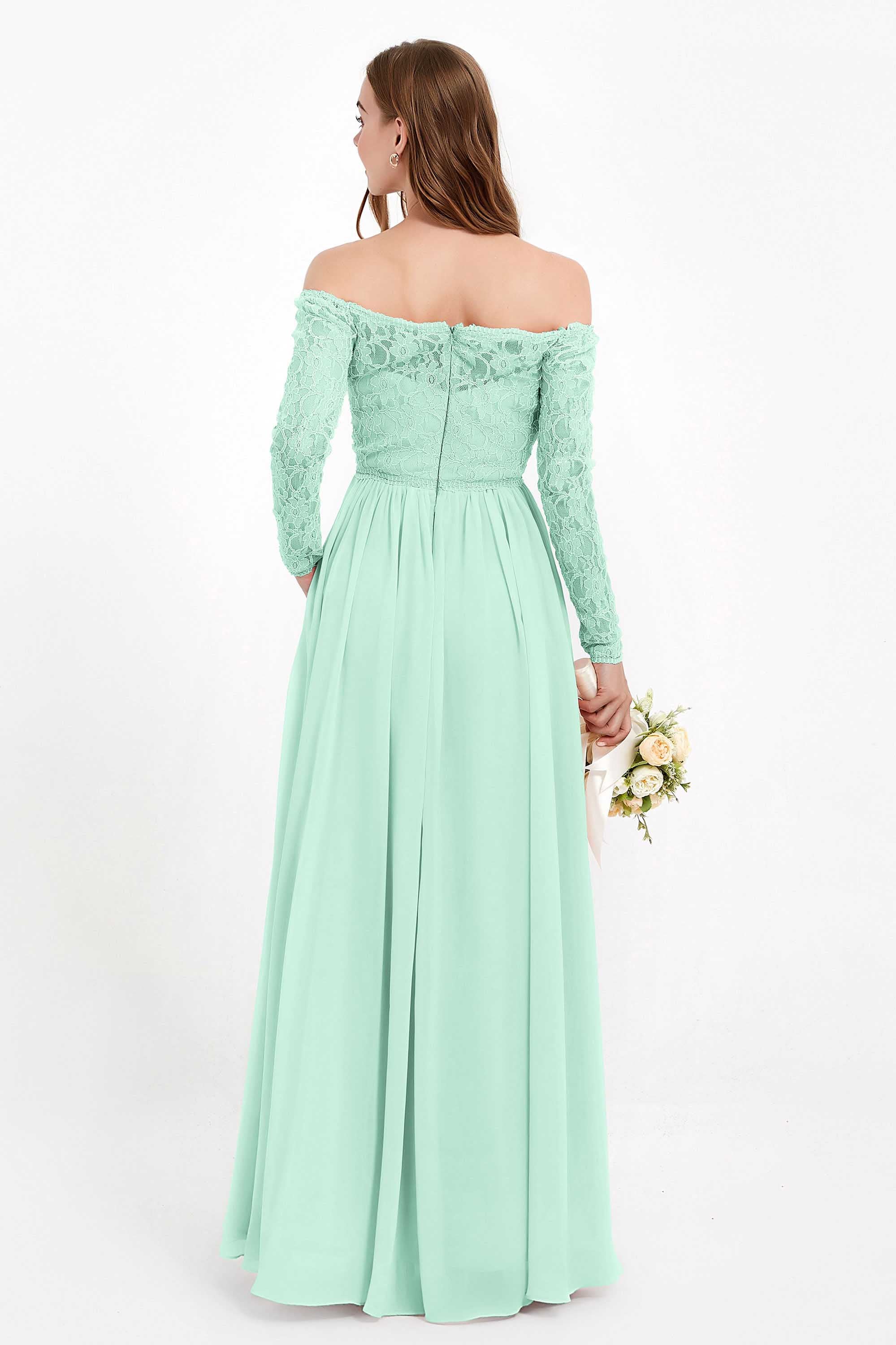 Flowy Chiffon Lace off the shoulder Bridesmaid Dress Long sleeves Formal Evening Party Dresses