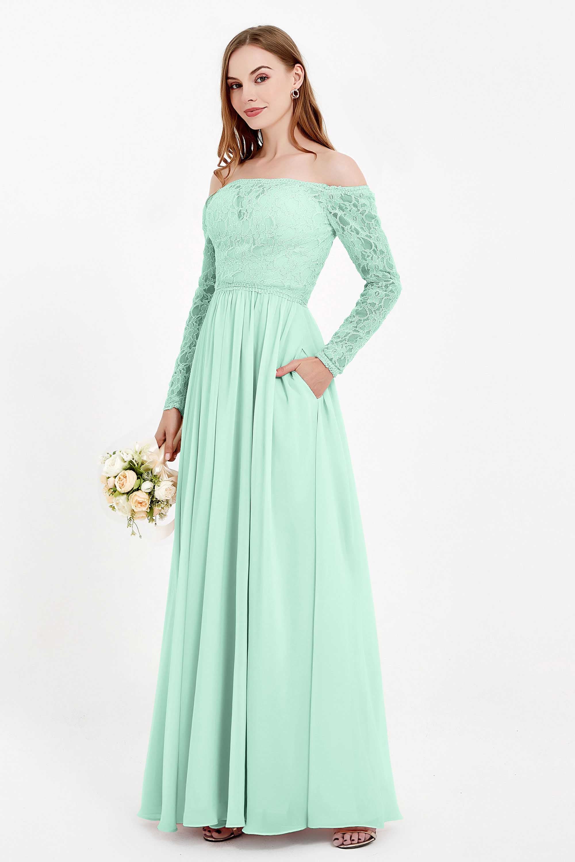 Flowy Chiffon Lace off the shoulder Bridesmaid Dress Long sleeves Formal Evening Party Dresses