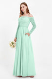 Flowy Chiffon Lace off the shoulder Bridesmaid Dress Long sleeves Formal Evening Party Dresses