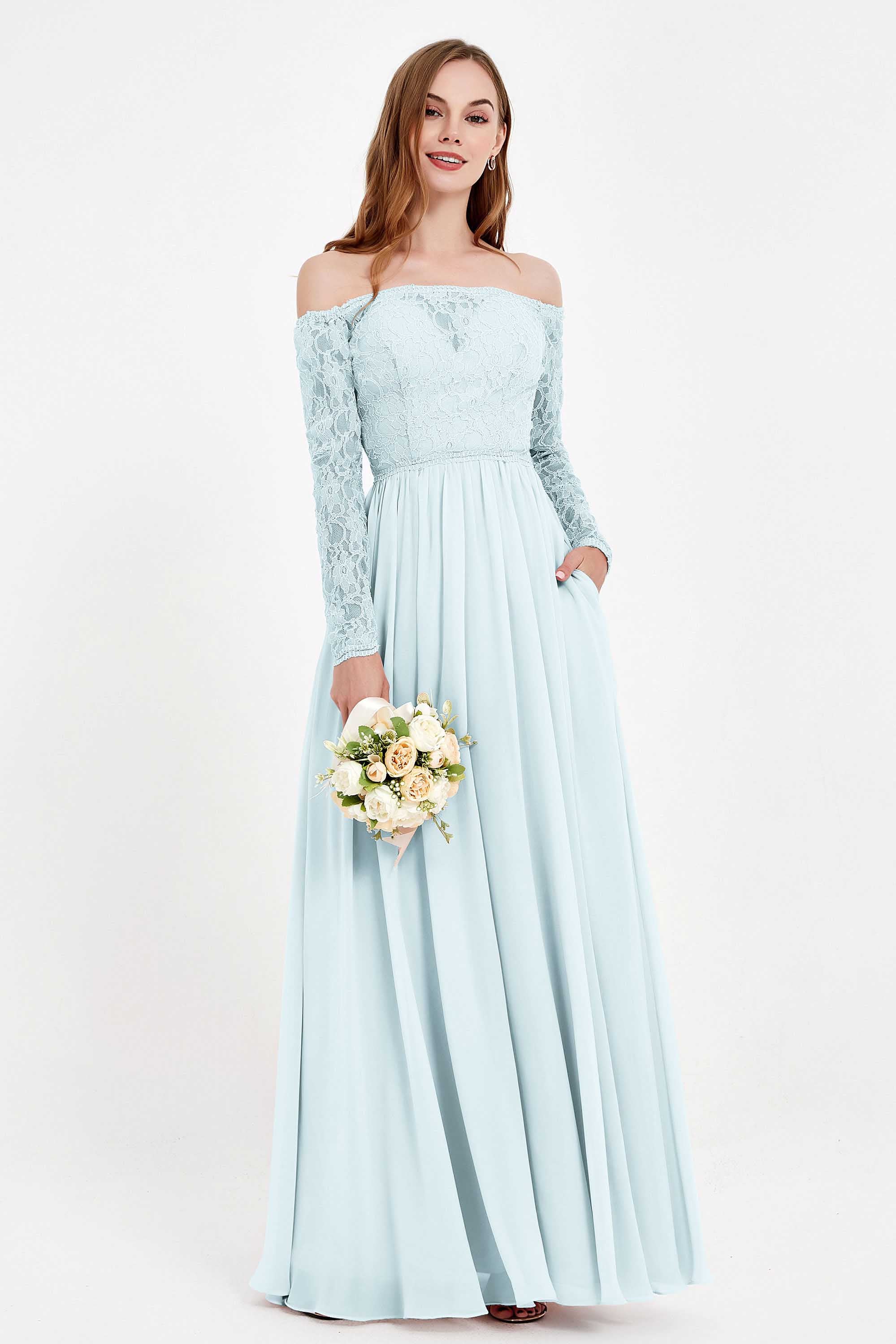 Flowy Chiffon Lace off the shoulder Bridesmaid Dress Long sleeves Formal Evening Party Dresses