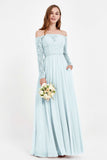 Flowy Chiffon Lace off the shoulder Bridesmaid Dress Long sleeves Formal Evening Party Dresses