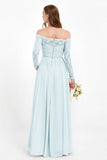 Flowy Chiffon Lace off the shoulder Bridesmaid Dress Long sleeves Formal Evening Party Dresses