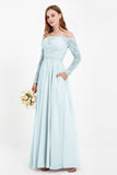 Flowy Chiffon Lace off the shoulder Bridesmaid Dress Long sleeves Formal Evening Party Dresses
