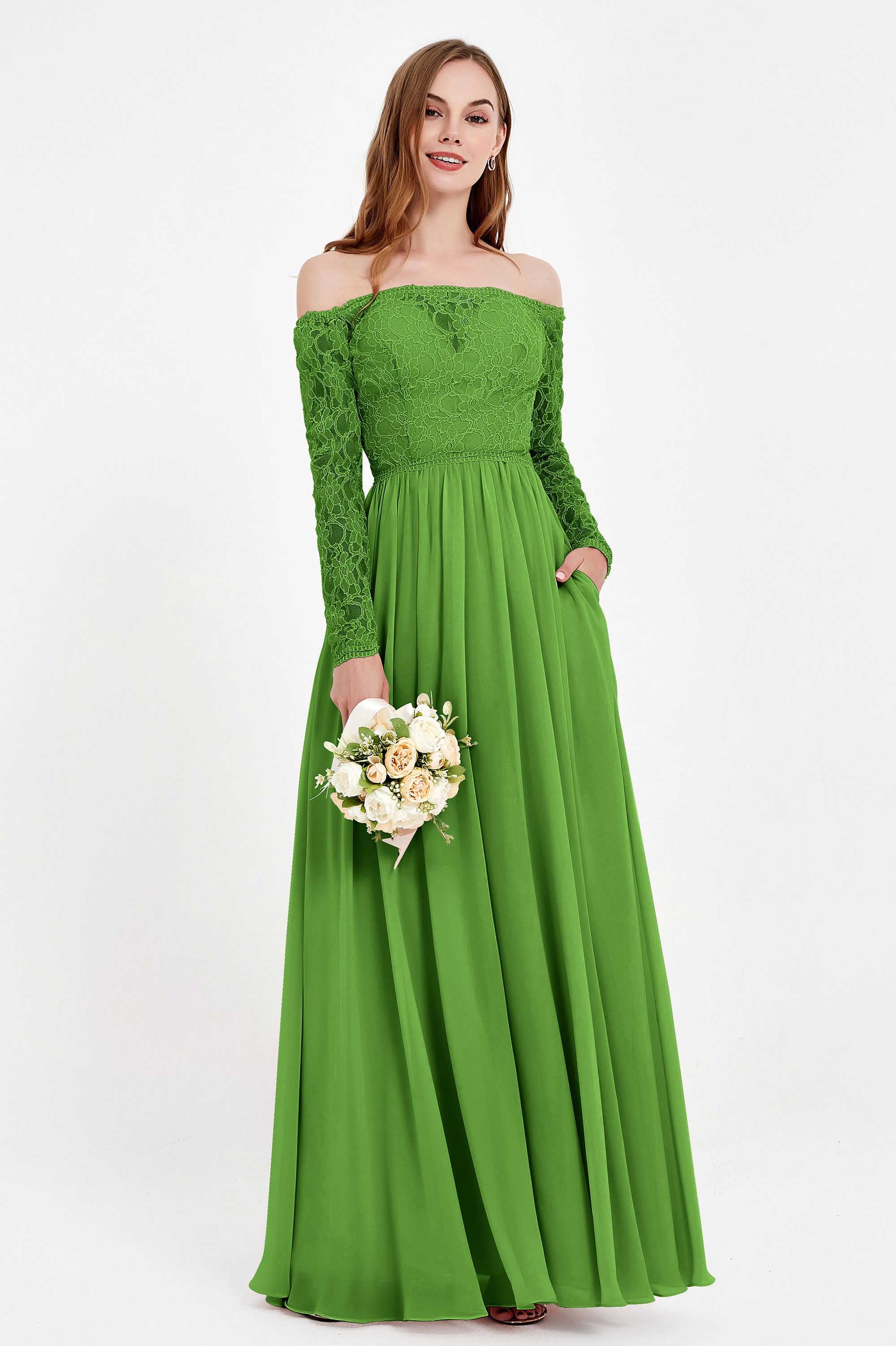 Flowy Chiffon Lace off the shoulder Bridesmaid Dress Long sleeves Formal Evening Party Dresses