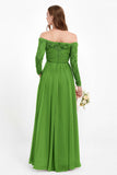 Flowy Chiffon Lace off the shoulder Bridesmaid Dress Long sleeves Formal Evening Party Dresses