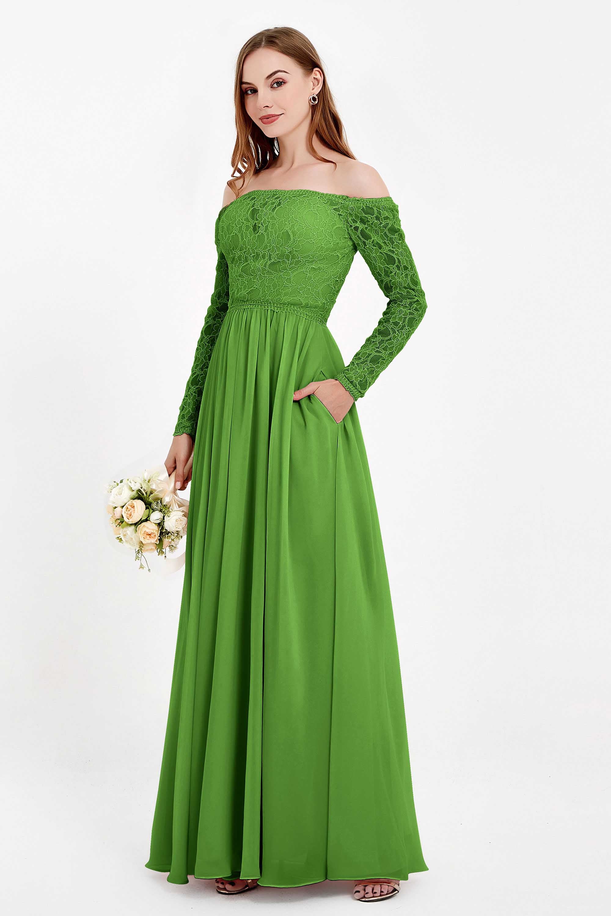 Flowy Chiffon Lace off the shoulder Bridesmaid Dress Long sleeves Formal Evening Party Dresses