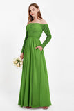 Flowy Chiffon Lace off the shoulder Bridesmaid Dress Long sleeves Formal Evening Party Dresses