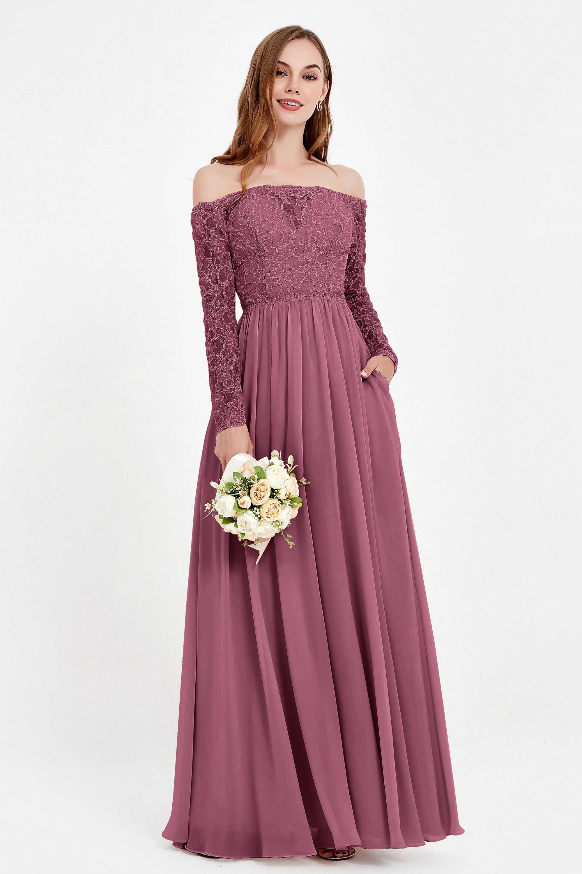 Flowy Chiffon Lace off the shoulder Bridesmaid Dress Long sleeves Formal Evening Party Dresses