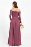 Flowy Chiffon Lace off the shoulder Bridesmaid Dress Long sleeves Formal Evening Party Dresses