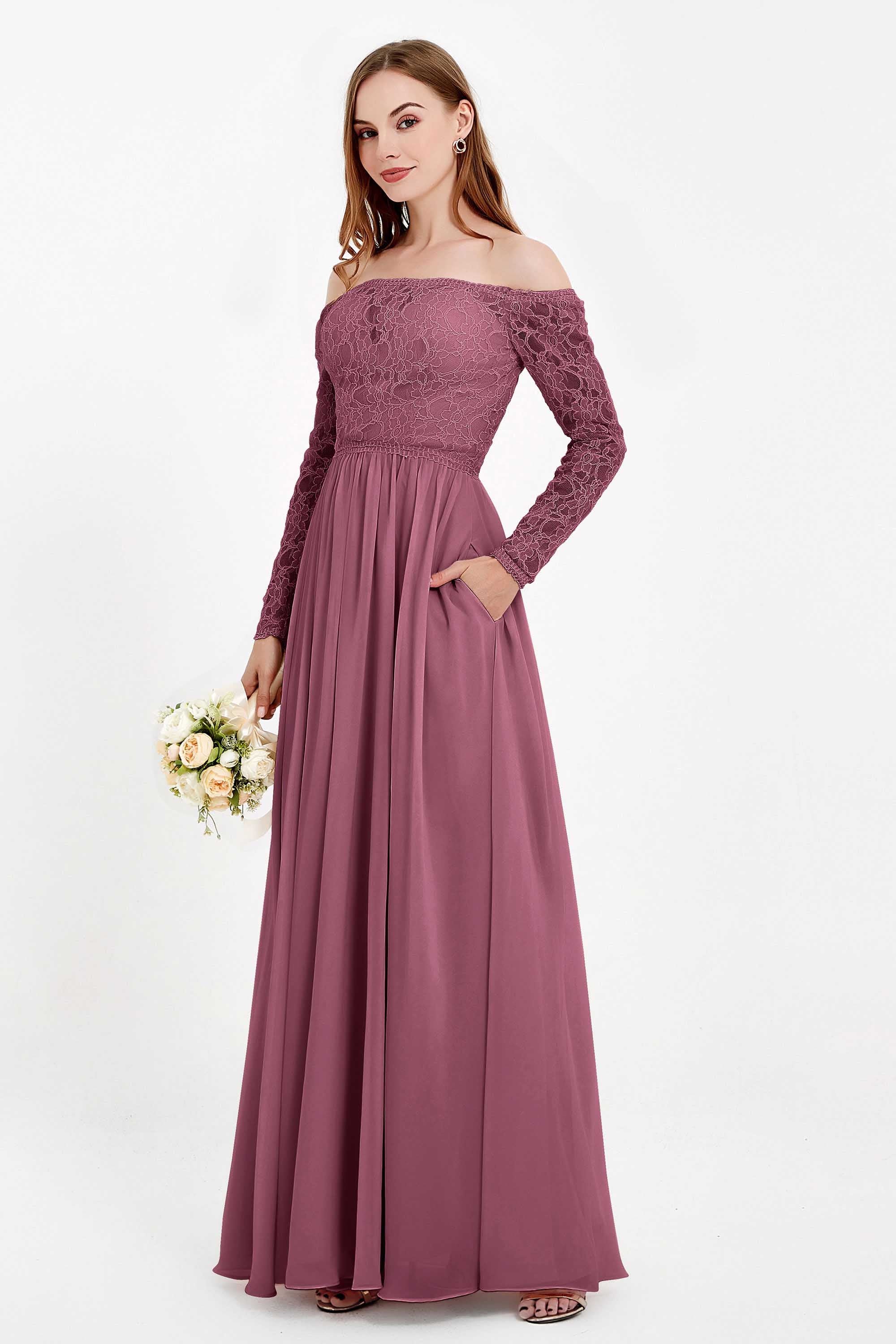 Flowy Chiffon Lace off the shoulder Bridesmaid Dress Long sleeves Formal Evening Party Dresses