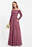 Flowy Chiffon Lace off the shoulder Bridesmaid Dress Long sleeves Formal Evening Party Dresses