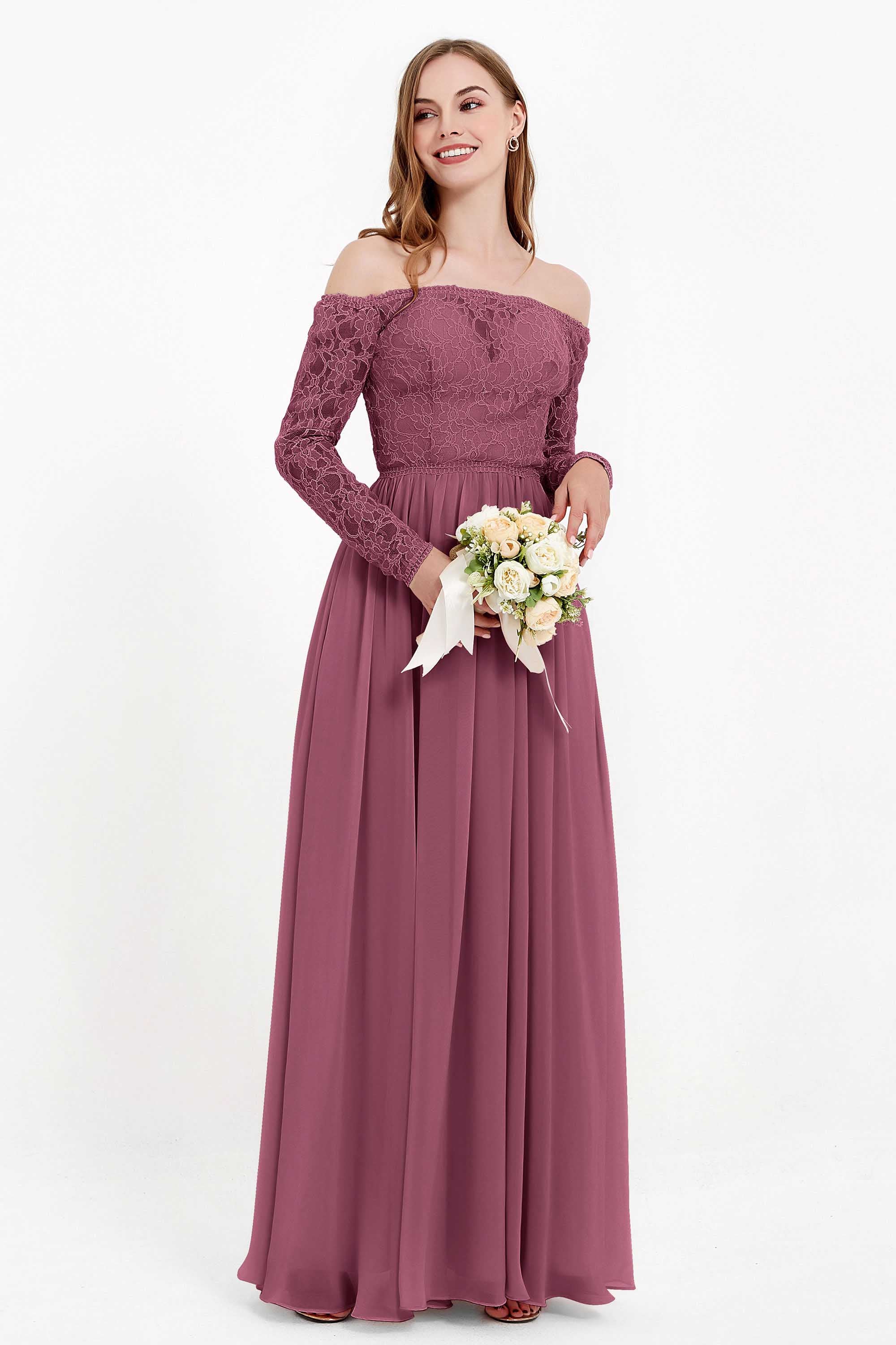 Flowy Chiffon Lace off the shoulder Bridesmaid Dress Long sleeves Formal Evening Party Dresses