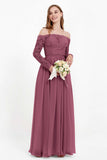 Flowy Chiffon Lace off the shoulder Bridesmaid Dress Long sleeves Formal Evening Party Dresses