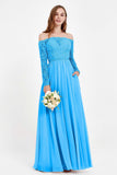 Flowy Chiffon Lace off the shoulder Bridesmaid Dress Long sleeves Formal Evening Party Dresses
