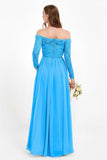 Flowy Chiffon Lace off the shoulder Bridesmaid Dress Long sleeves Formal Evening Party Dresses