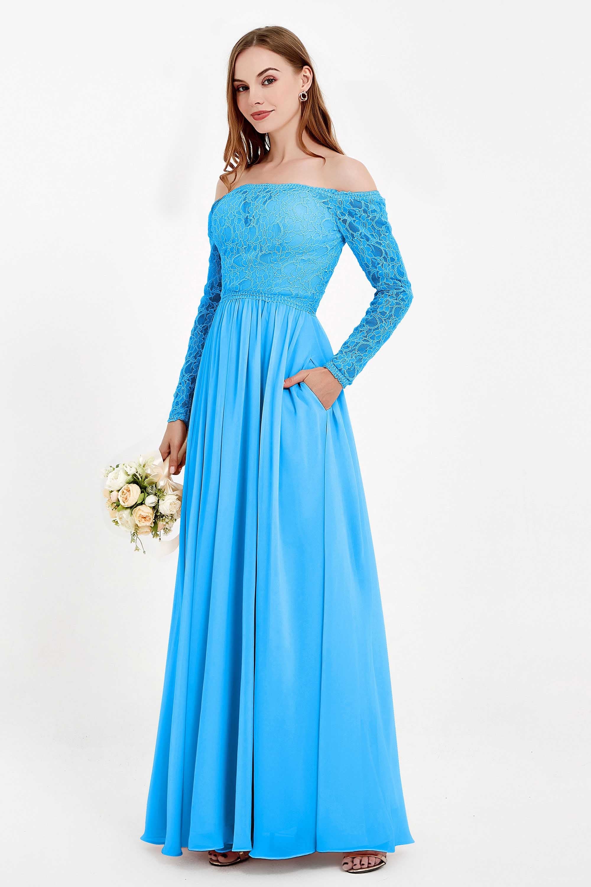 Flowy Chiffon Lace off the shoulder Bridesmaid Dress Long sleeves Formal Evening Party Dresses
