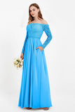 Flowy Chiffon Lace off the shoulder Bridesmaid Dress Long sleeves Formal Evening Party Dresses