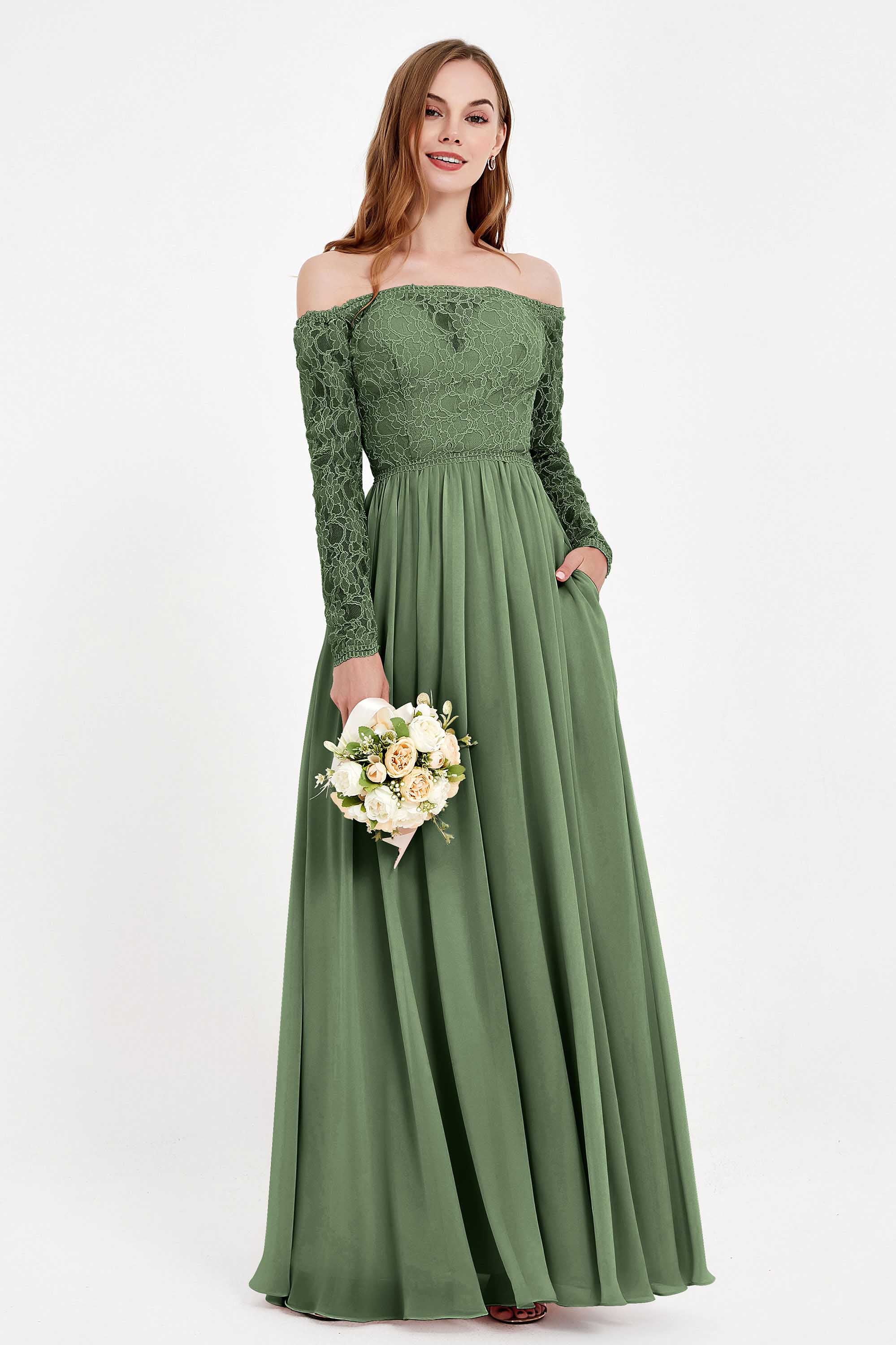 Flowy Chiffon Lace off the shoulder Bridesmaid Dress Long sleeves Formal Evening Party Dresses