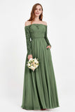 Flowy Chiffon Lace off the shoulder Bridesmaid Dress Long sleeves Formal Evening Party Dresses