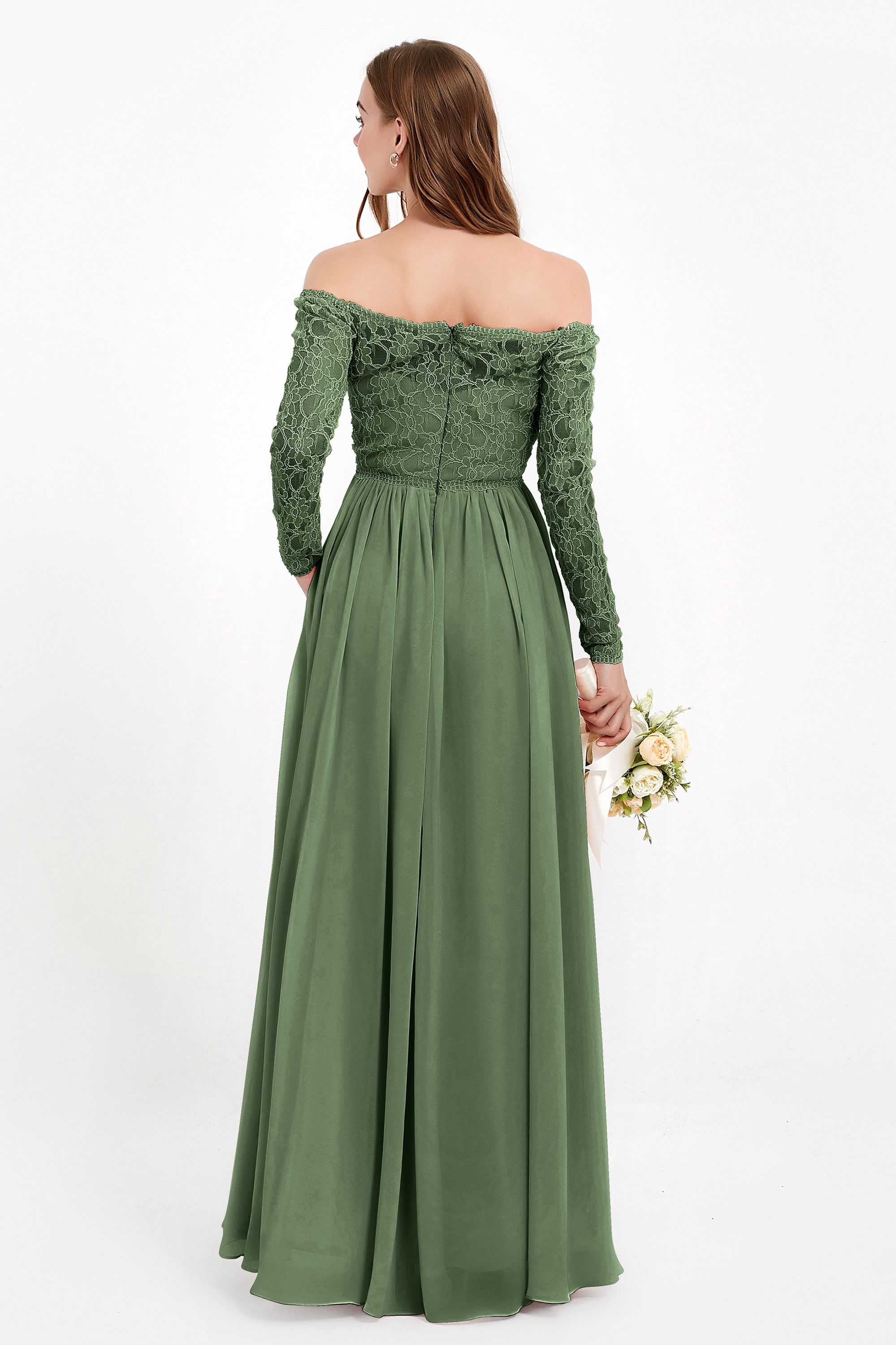 Flowy Chiffon Lace off the shoulder Bridesmaid Dress Long sleeves Formal Evening Party Dresses