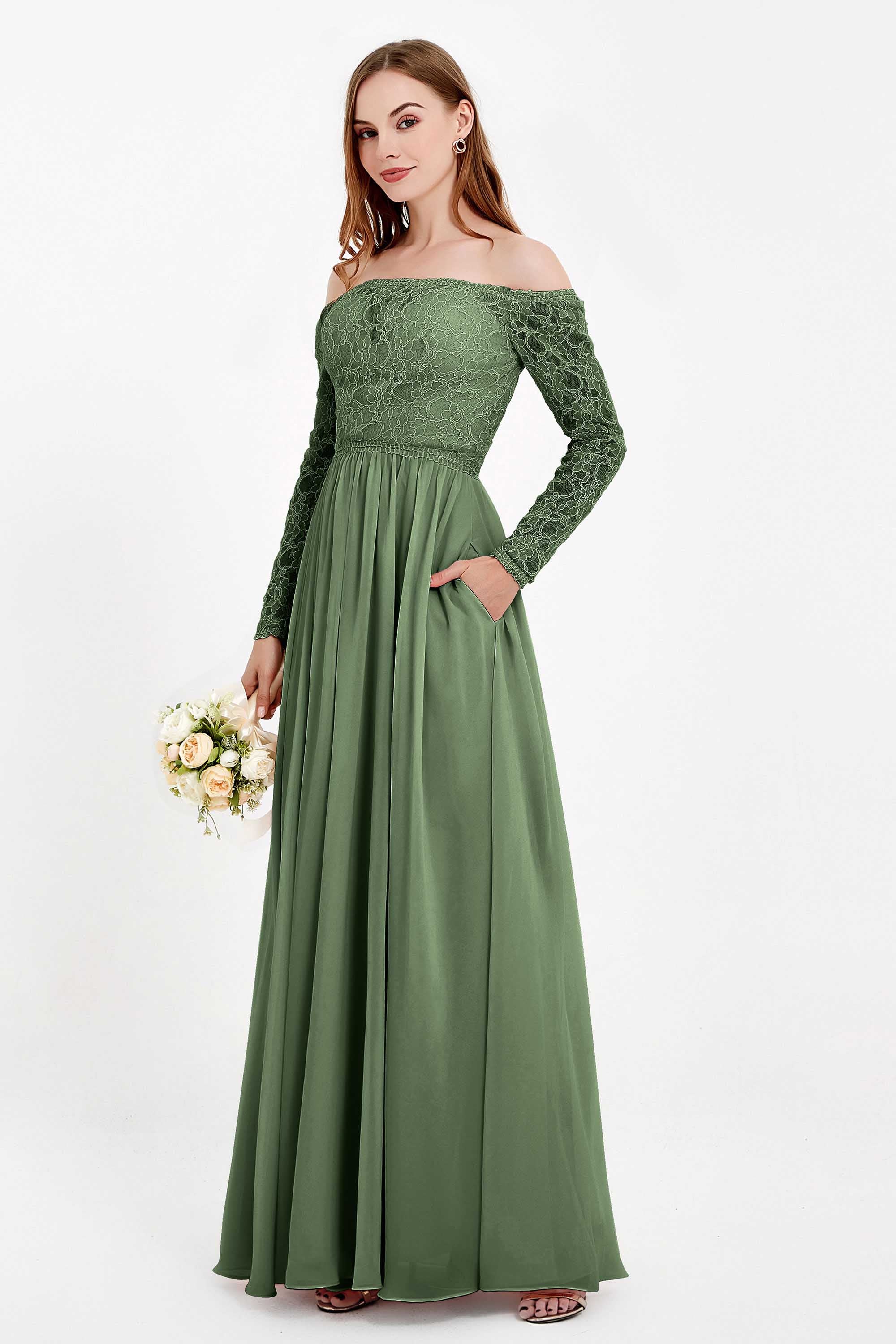Flowy Chiffon Lace off the shoulder Bridesmaid Dress Long sleeves Formal Evening Party Dresses