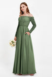 Flowy Chiffon Lace off the shoulder Bridesmaid Dress Long sleeves Formal Evening Party Dresses