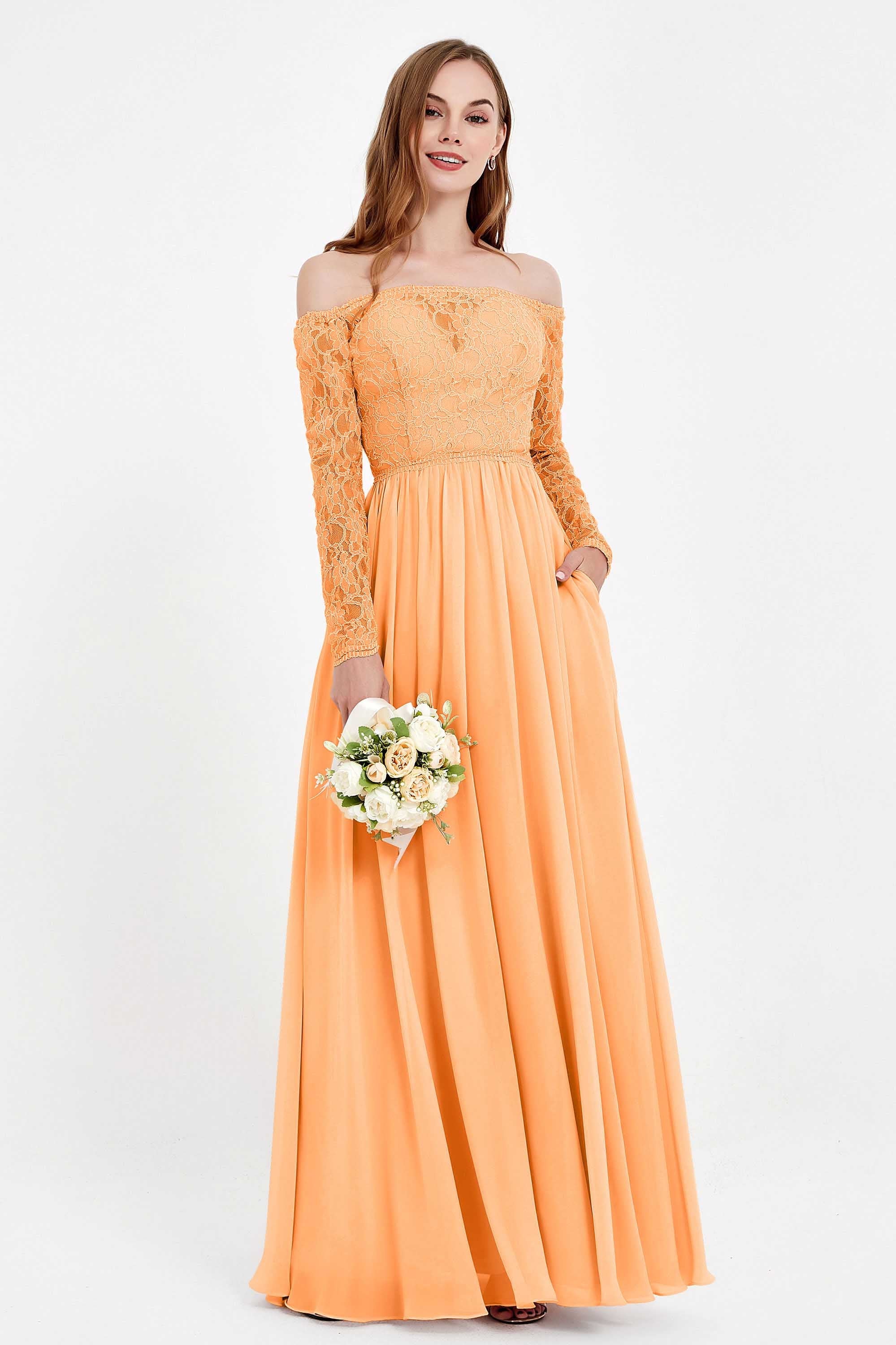 Flowy Chiffon Lace off the shoulder Bridesmaid Dress Long sleeves Formal Evening Party Dresses