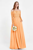 Flowy Chiffon Lace off the shoulder Bridesmaid Dress Long sleeves Formal Evening Party Dresses