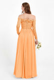 Flowy Chiffon Lace off the shoulder Bridesmaid Dress Long sleeves Formal Evening Party Dresses