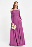 Flowy Chiffon Lace off the shoulder Bridesmaid Dress Long sleeves Formal Evening Party Dresses