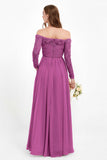 Flowy Chiffon Lace off the shoulder Bridesmaid Dress Long sleeves Formal Evening Party Dresses